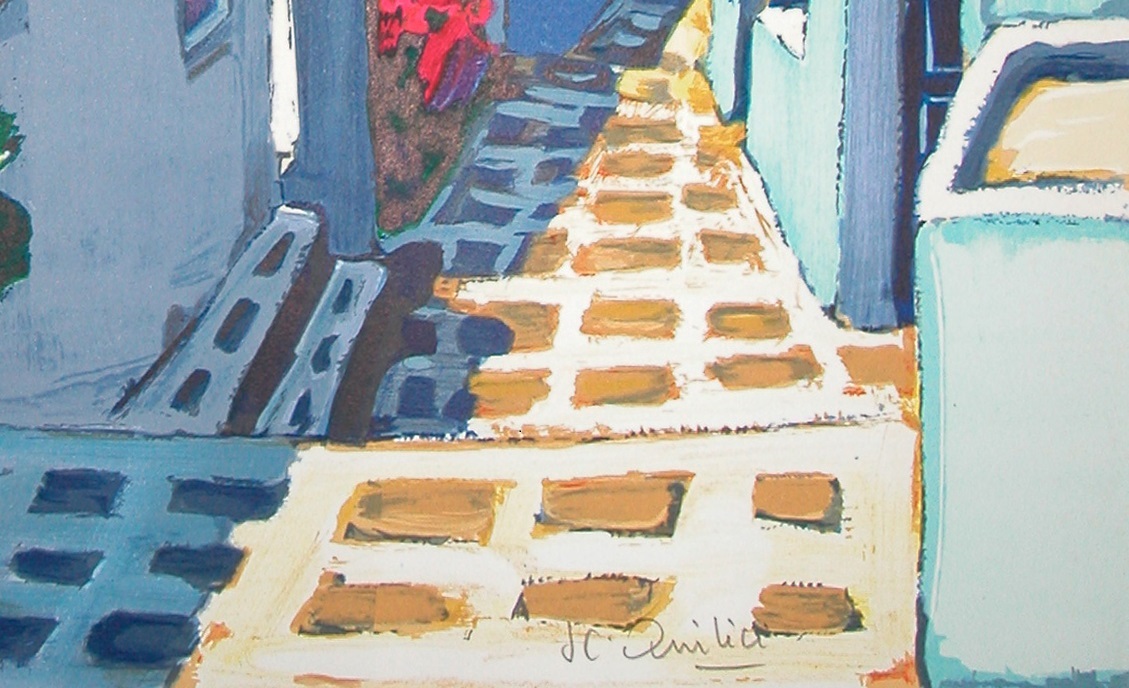 Estampe originale de Jean Claude Quilici "Ruelle fleurie à Mykonos" Estampe originale de Jean Claude Quilici "Ruelle fleurie à Mykonos"